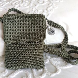 The Sak crocheted Sage Green Crossbody Mini Bag